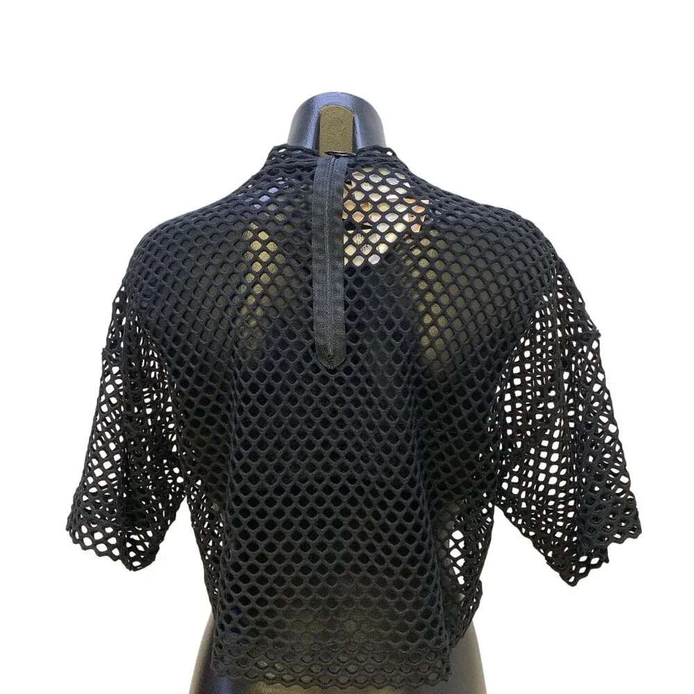Akris Punto Black Crop Mesh Crochet Short Sleeve Mock Neck Top 6 - Picture 4 of 6